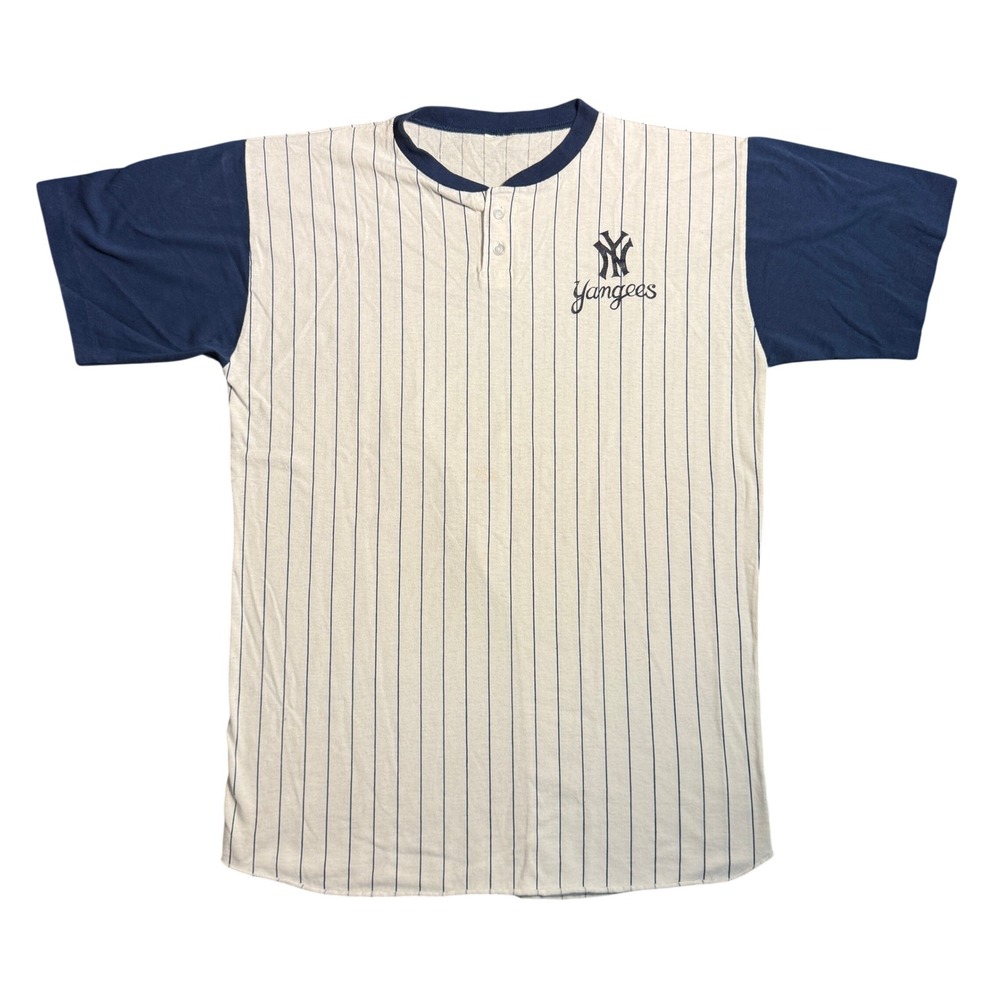 Vintage Yankees Yangees Parody Baseball Henley Shirt Pinstripe Navy Mens L